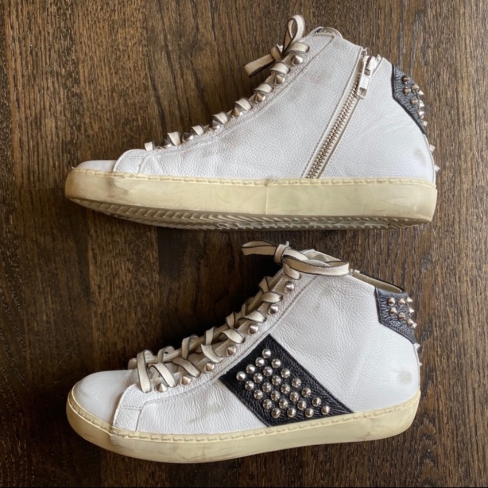 Leather Crown White and Black Studded Leather Sneakers - Picture 4 of 6
